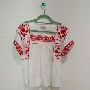 Madewell White and red embroidered Top